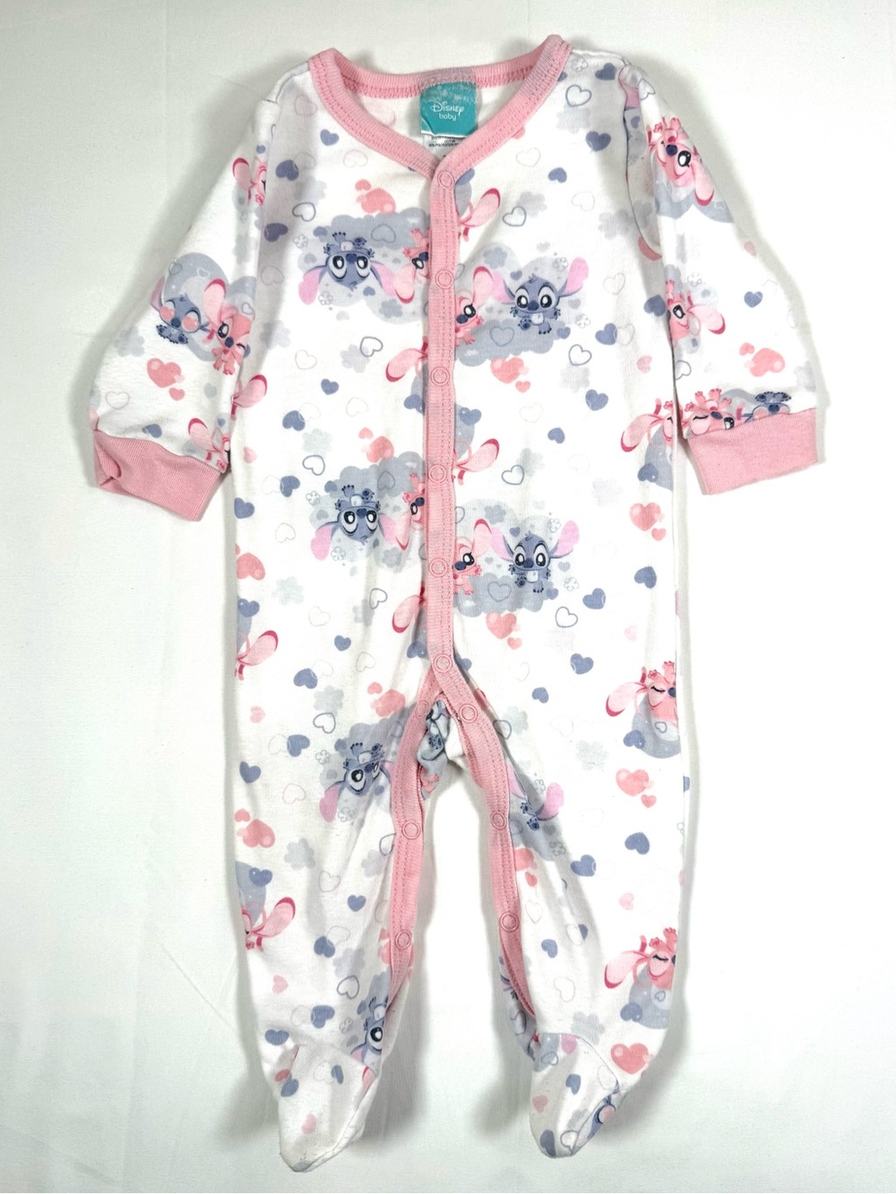 DISNEY Baby Stitch Footed Sleeper Pajamas 3-6M Lilo And Stitch Snap Front Hearts